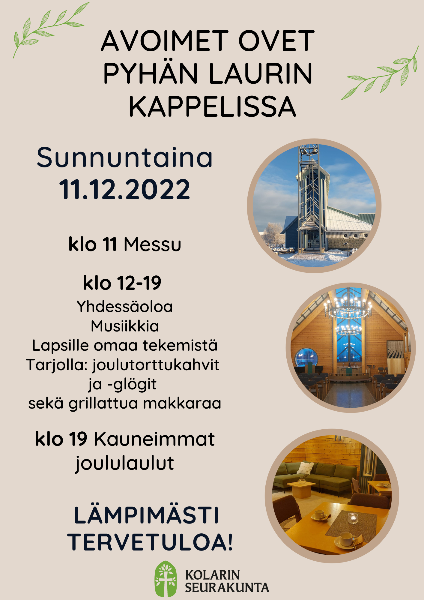 kuvassa tapahtuman mainos, jossa kuva kappelista ja aikataulutiedot